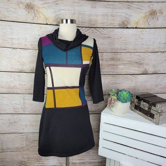 Papillon Women's Abstract Cowlneck 3/4 Sleeves Shift Dress Size Extra Small - Picture 1 of 6